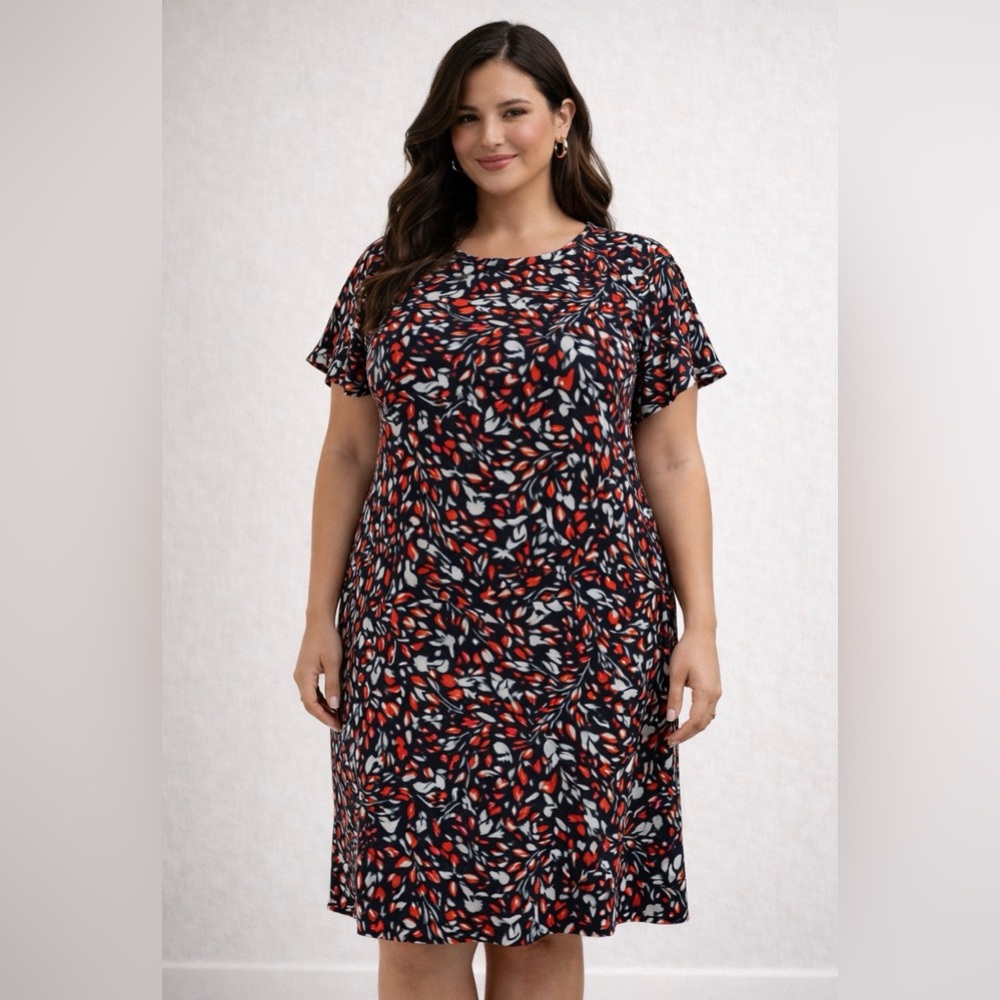 Tahari Dress 1X Shift Red Navy Blue White Short Flutter Sleeve Career Church New
